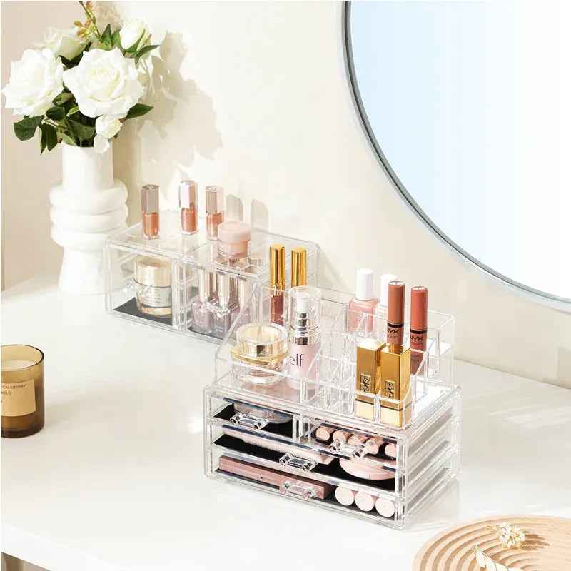 Clear Acrylic Dustproof Makeup Storage Organizer Drawers Large Skin Care Cosmetic Display Cases For Bathroom Stackable Storage Box With 4 Drawers For Vanity