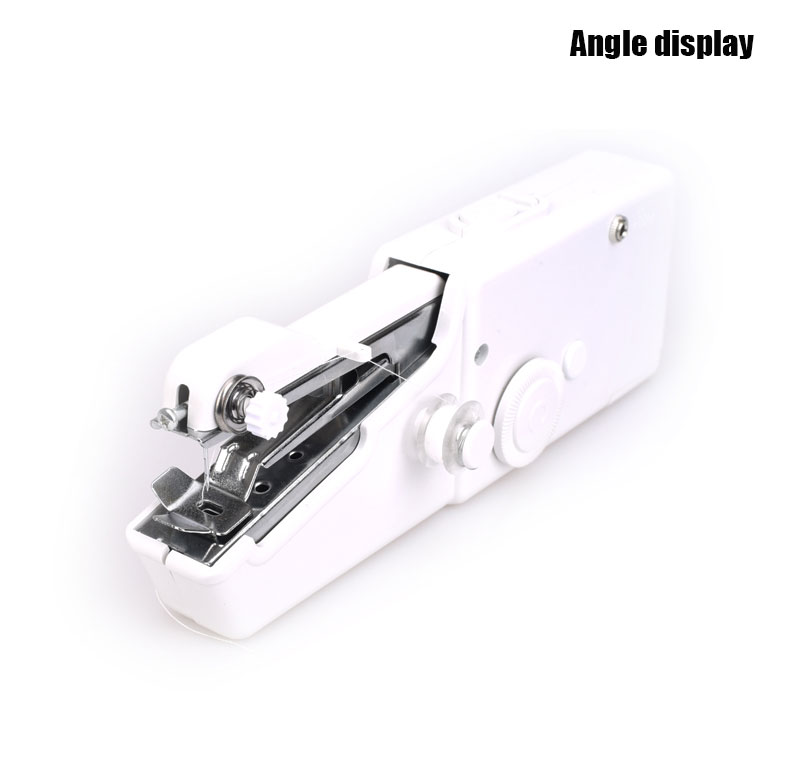 Compact white handheld sewing machine with visible needle and thread, ideal for quick fabric repairs.