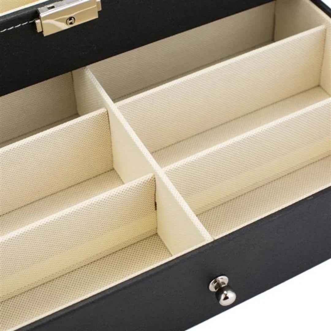 12 Slot Leather Glasses Organizer - Lockable Sunglass Display Case & Storage Drawer, Black
