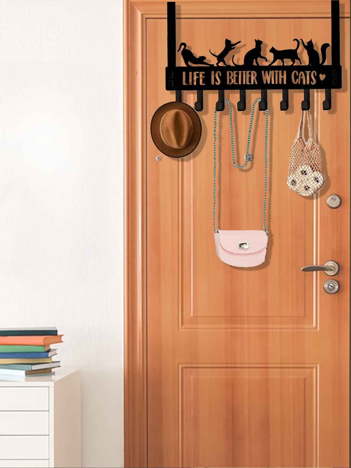 Over-The-Door Cat Organizer – 8 Multi-Purpose Hooks for Coats, Bags & Towels – Space-Saving Wall & Door Mount Storage