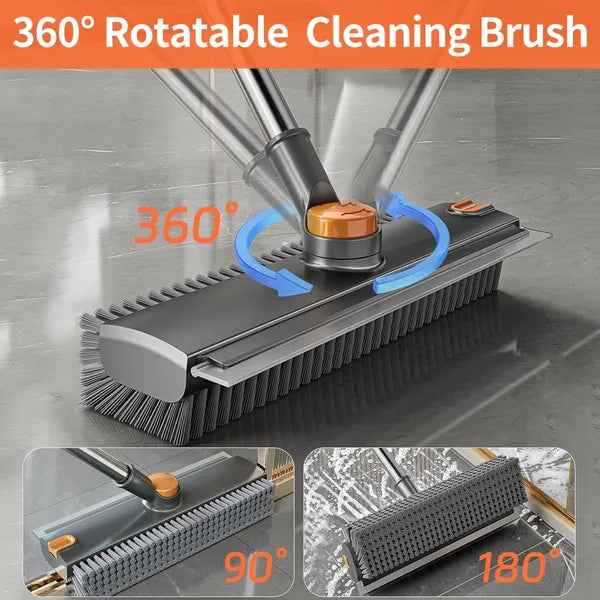3-in-1 Floor Scrub Brush with Long Adjustable Handle - Heavy-Duty Scrubber, Squeegee & Broom for Shower, Tile, Concrete, Deck, and Patio (Grey)