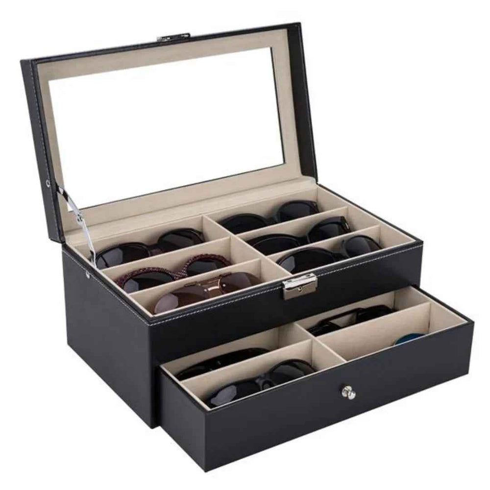 12 Slot Leather Glasses Organizer - Lockable Sunglass Display Case & Storage Drawer, Black