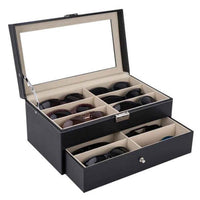 12 Slot Leather Glasses Organizer - Lockable Sunglass Display Case & Storage Drawer, Black