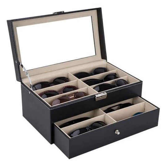 12 Slot Leather Glasses Organizer - Lockable Sunglass Display Case & Storage Drawer, Black