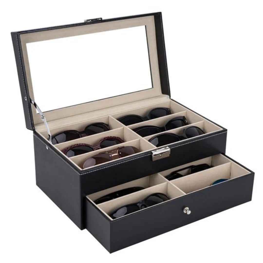 12 Slot Leather Glasses Organizer - Lockable Sunglass Display Case & Storage Drawer, Black