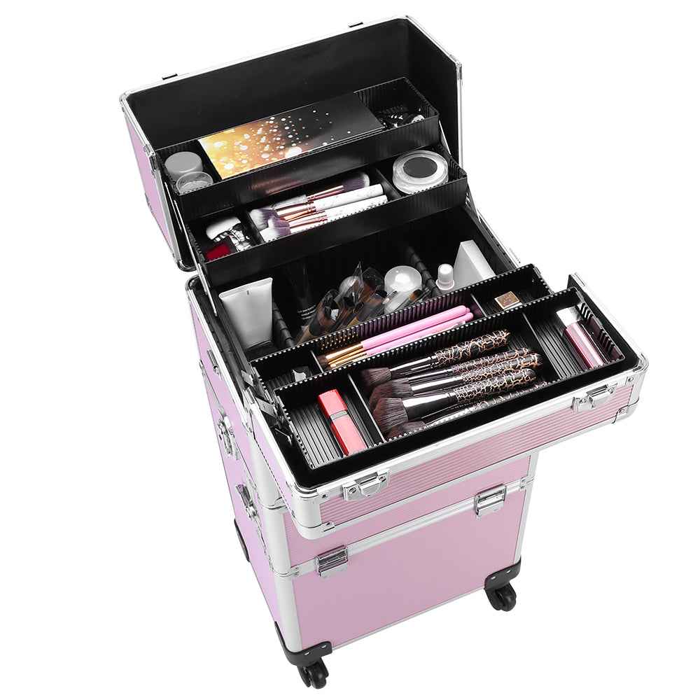 3-in-1 Professional Rolling Makeup Case - Lockable Aluminum Cosmetic Trolley with 4 Removable Spinner Wheels