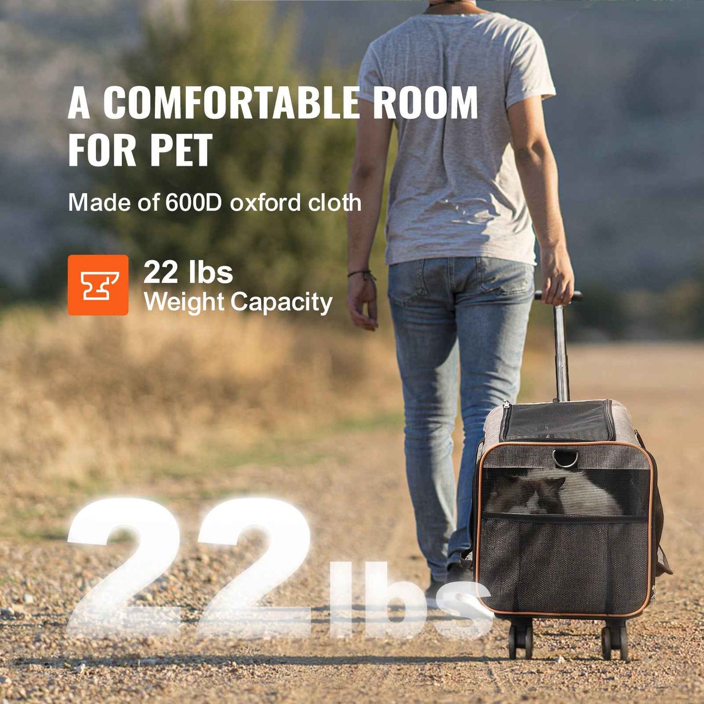 VEVOR Pet Carrier with Wheels | Airline Approved Rolling Dog & Cat Carrier (Up to 22 Lbs) – Premium Grey