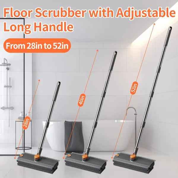 3-in-1 Floor Scrub Brush with Long Adjustable Handle - Heavy-Duty Scrubber, Squeegee & Broom for Shower, Tile, Concrete, Deck, and Patio (Grey)