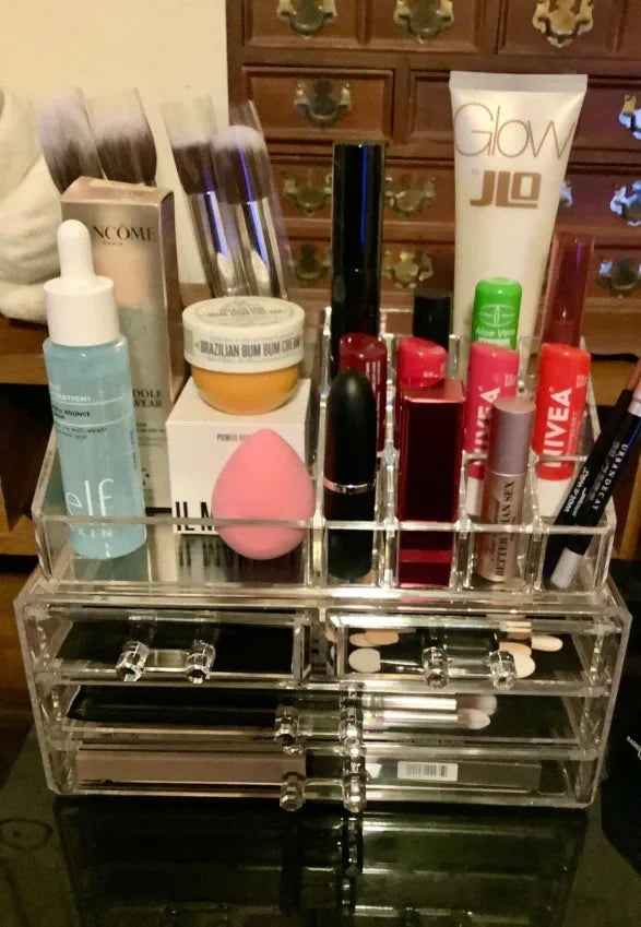 Clear Acrylic Dustproof Makeup Storage Organizer Drawers Large Skin Care Cosmetic Display Cases For Bathroom Stackable Storage Box With 4 Drawers For Vanity