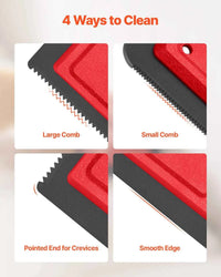 Pet hair scraper removing dog hair from couch fabric