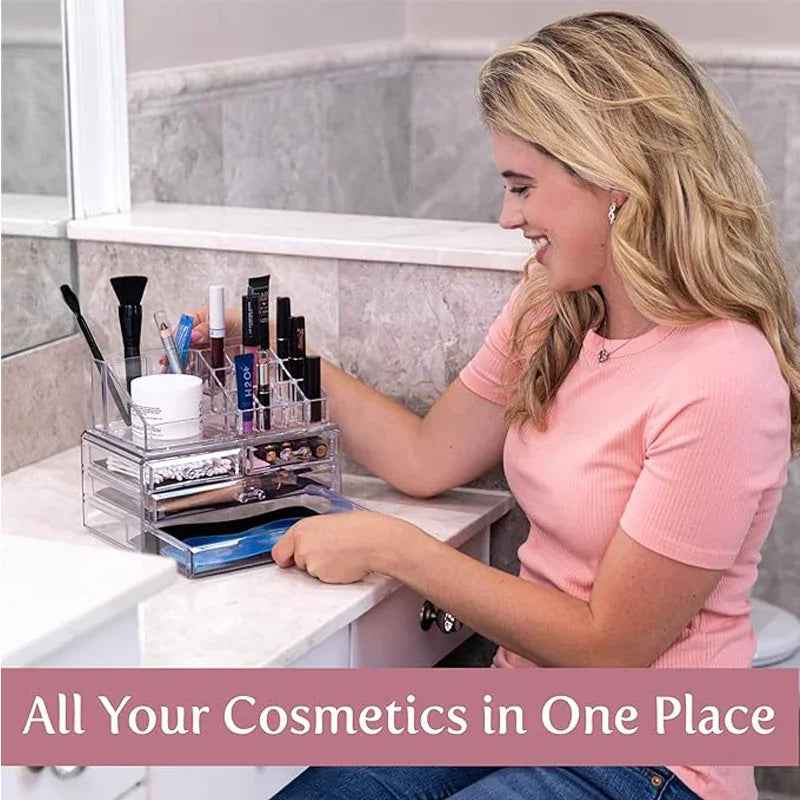 Clear Acrylic Dustproof Makeup Storage Organizer Drawers Large Skin Care Cosmetic Display Cases For Bathroom Stackable Storage Box With 4 Drawers For Vanity