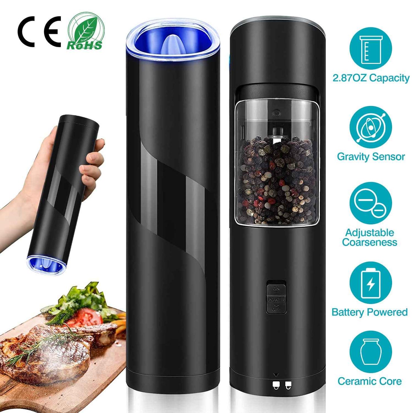 Electric Salt and Pepper Grinder Set – Gravity Sensor & LED Light