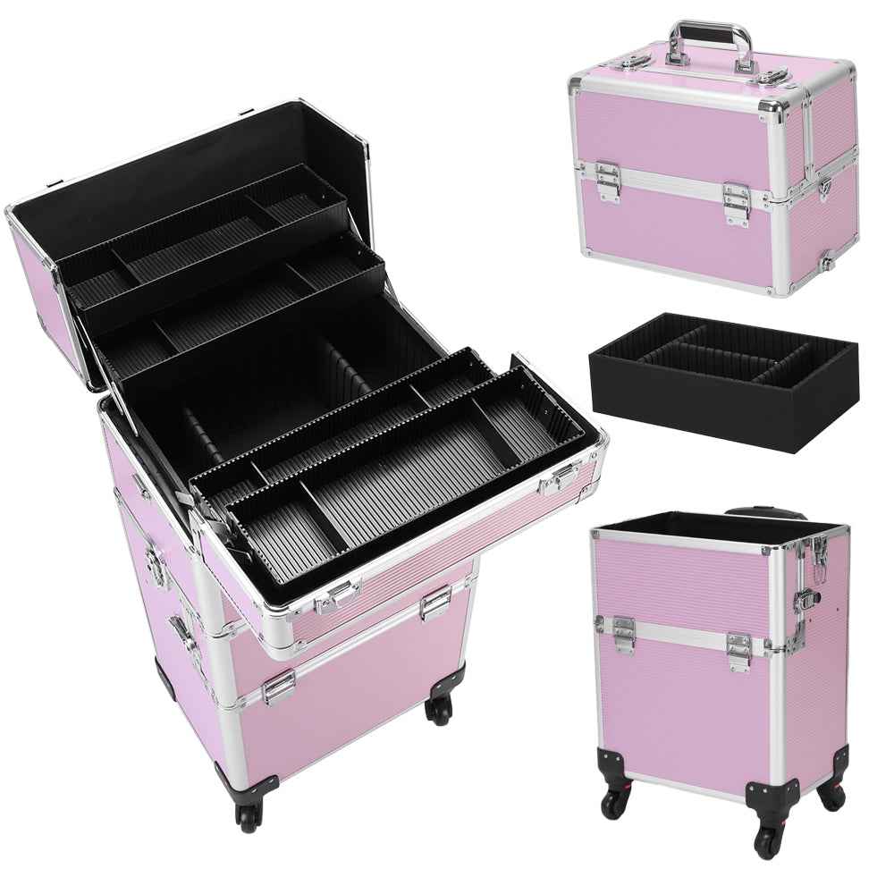3-in-1 Professional Rolling Makeup Case - Lockable Aluminum Cosmetic Trolley with 4 Removable Spinner Wheels