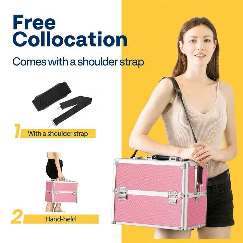 3-in-1 Professional Rolling Makeup Case - Lockable Aluminum Cosmetic Trolley with 4 Removable Spinner Wheels