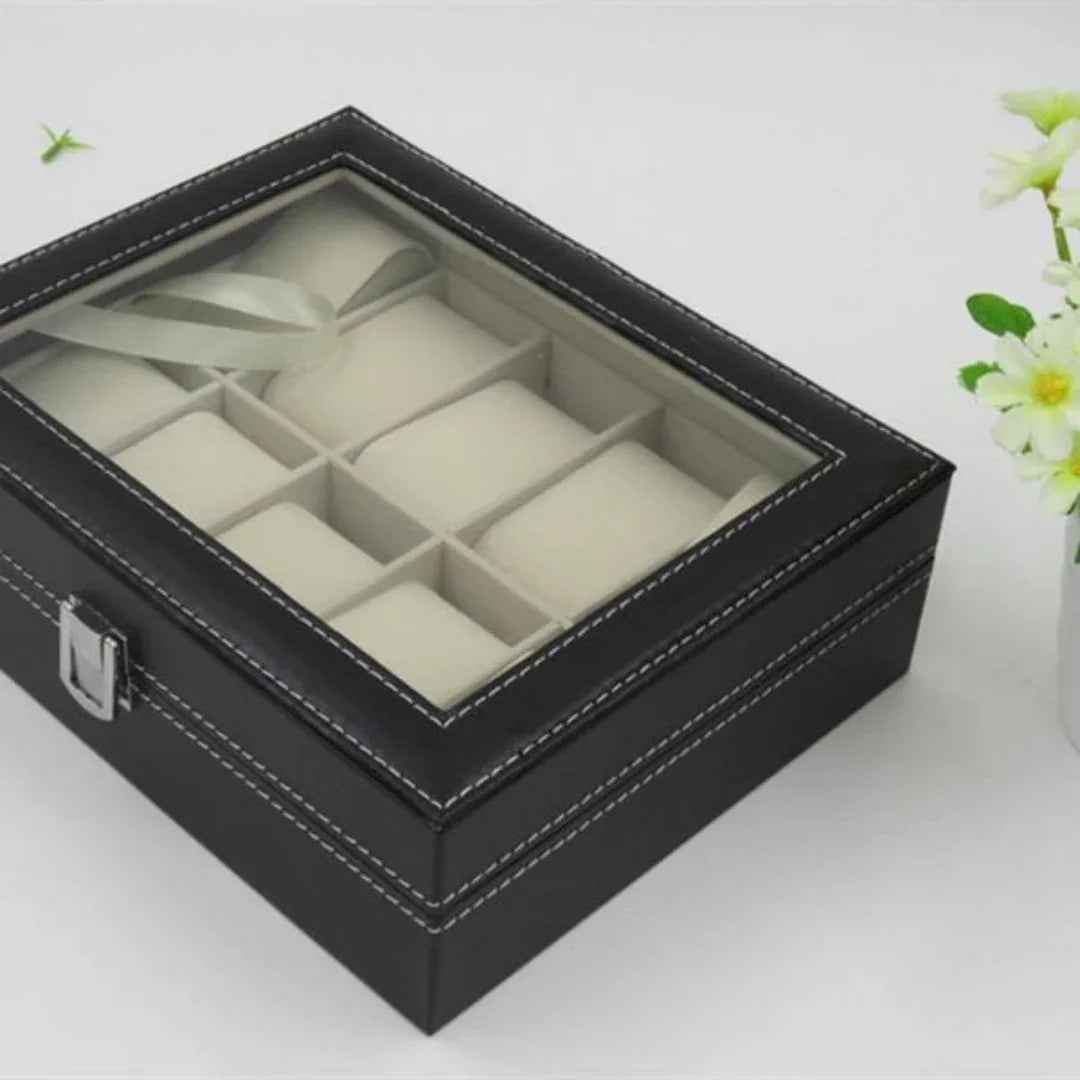 10 Slot Leather Watch Box Organizer - Luxury Display Case with Glass Lid & Locking Clasp
