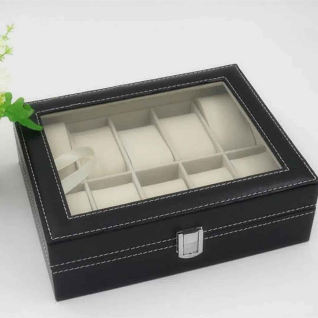 10 Slot Leather Watch Box Organizer - Luxury Display Case with Glass Lid & Locking Clasp