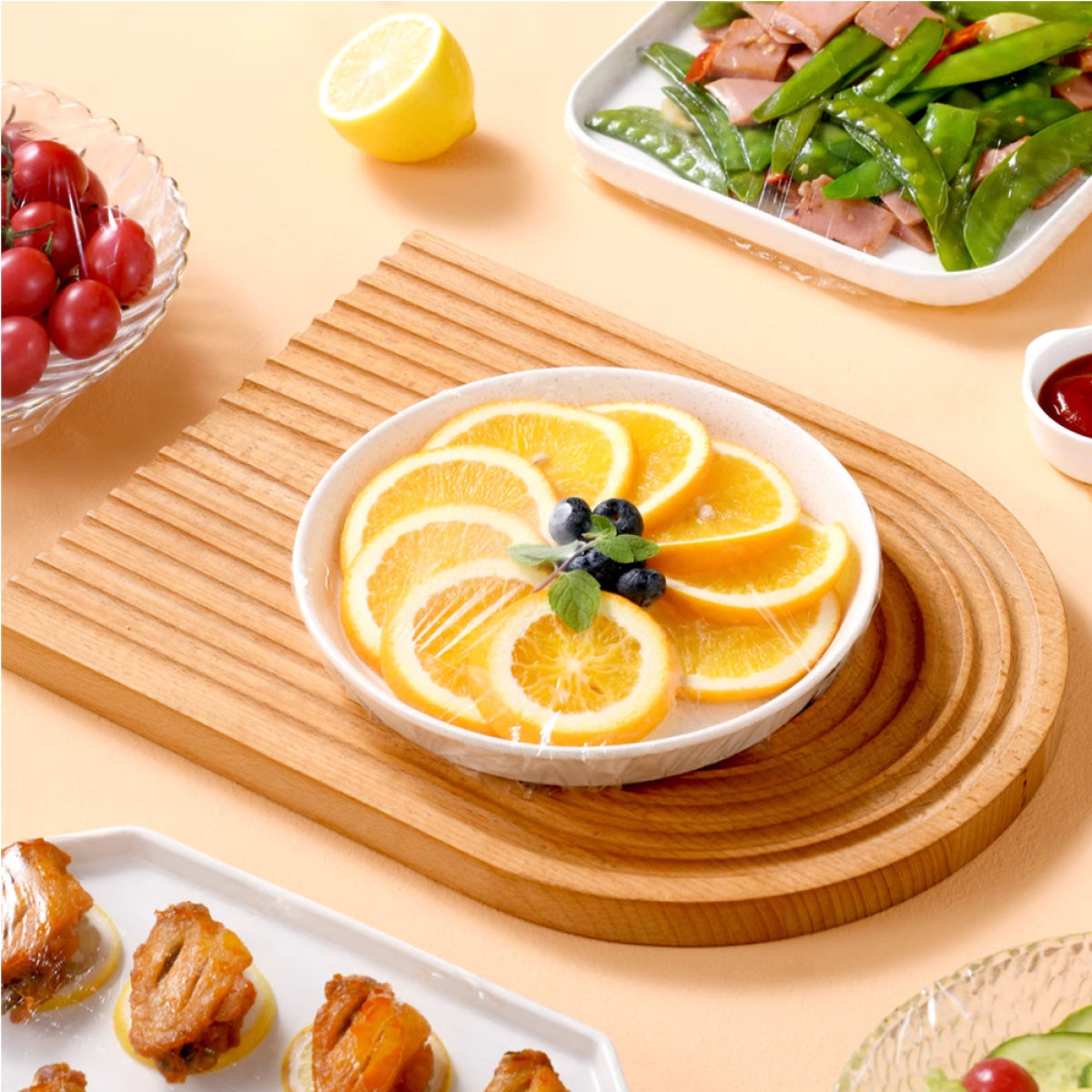 Elastic bowl cover in use on a plate