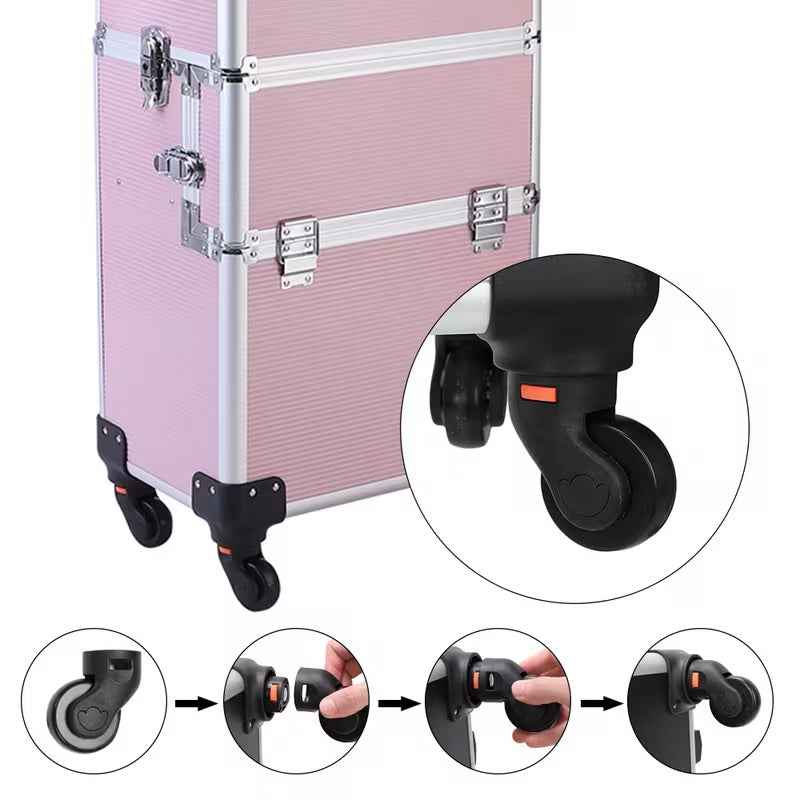 3-in-1 Professional Rolling Makeup Case - Lockable Aluminum Cosmetic Trolley with 4 Removable Spinner Wheels