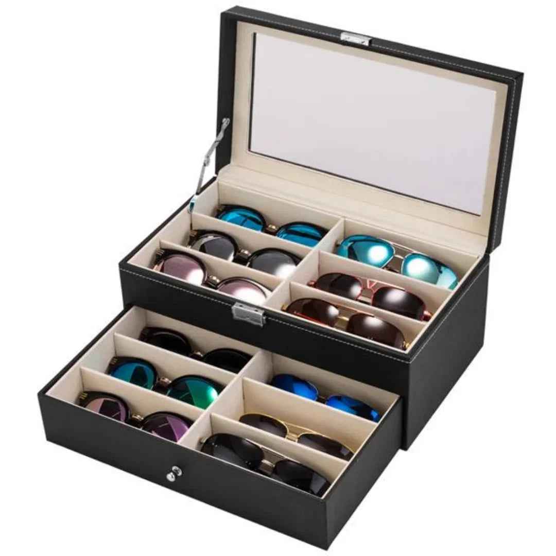 12 Slot Leather Glasses Organizer - Lockable Sunglass Display Case & Storage Drawer, Black