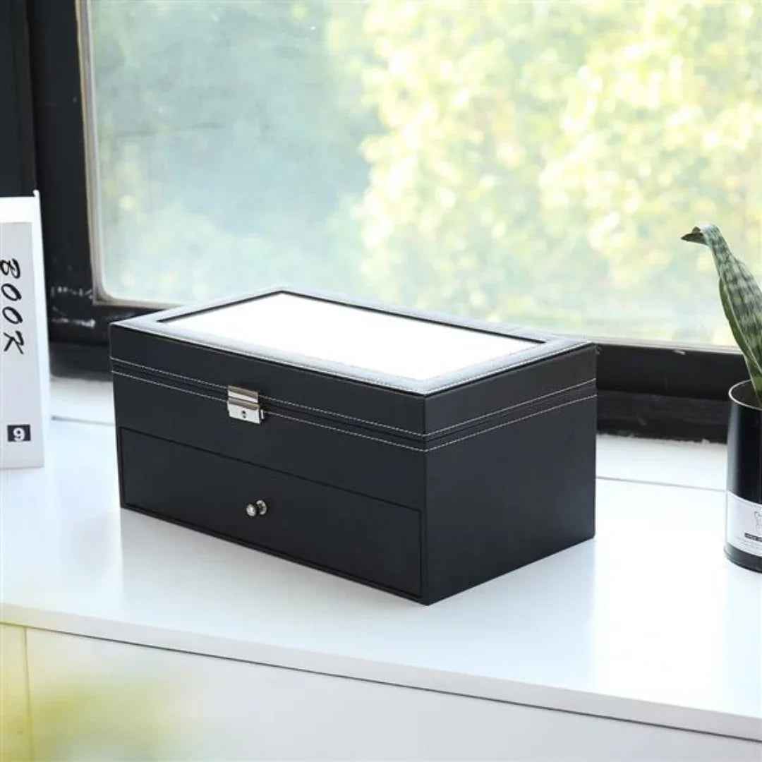 12 Slot Leather Glasses Organizer - Lockable Sunglass Display Case & Storage Drawer, Black