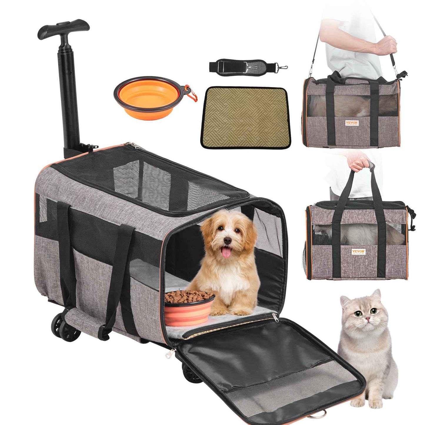 VEVOR Pet Carrier with Wheels | Airline Approved Rolling Dog & Cat Carrier (Up to 22 Lbs) – Premium Grey