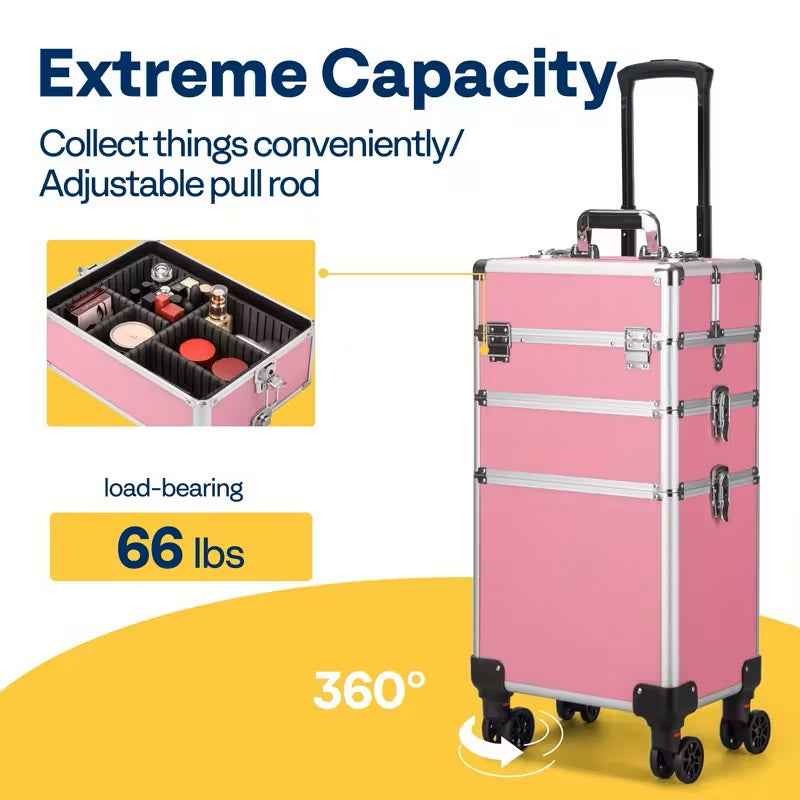 3-in-1 Professional Rolling Makeup Case - Lockable Aluminum Cosmetic Trolley with 4 Removable Spinner Wheels