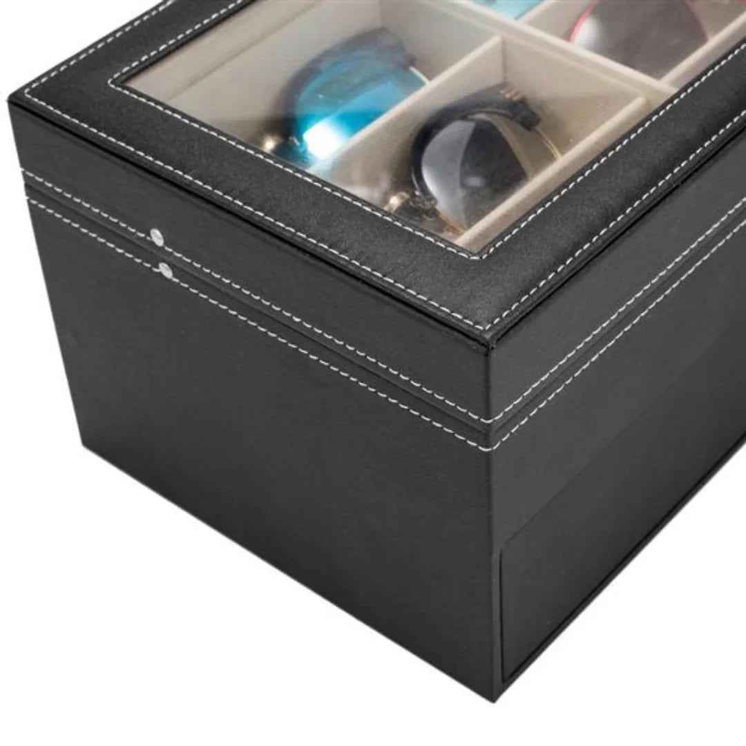 12 Slot Leather Glasses Organizer - Lockable Sunglass Display Case & Storage Drawer, Black