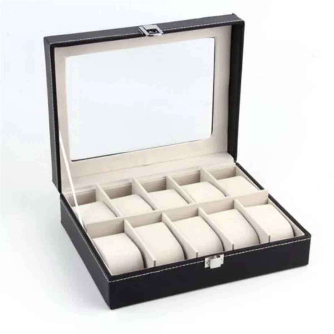 10 Slot Leather Watch Box Organizer - Luxury Display Case with Glass Lid & Locking Clasp