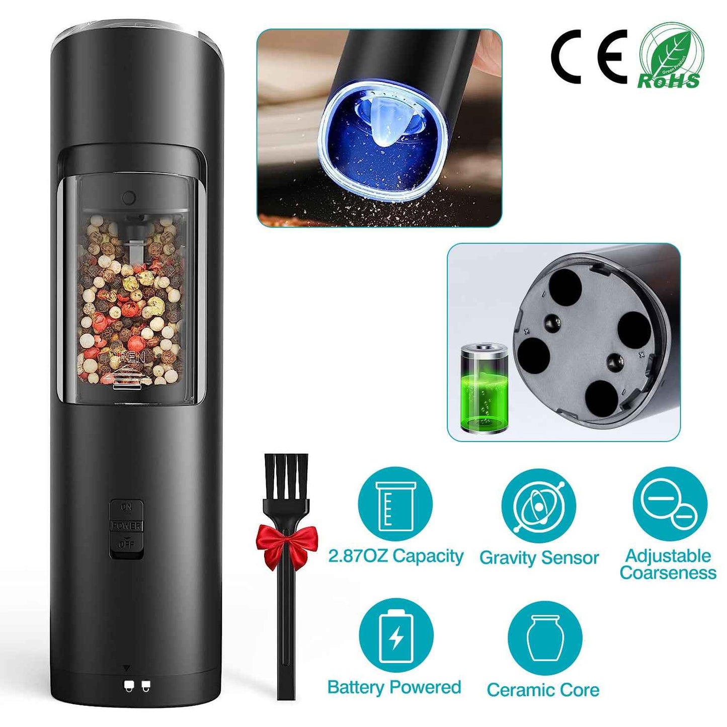 Electric Salt and Pepper Grinder Set – Gravity Sensor & LED Light