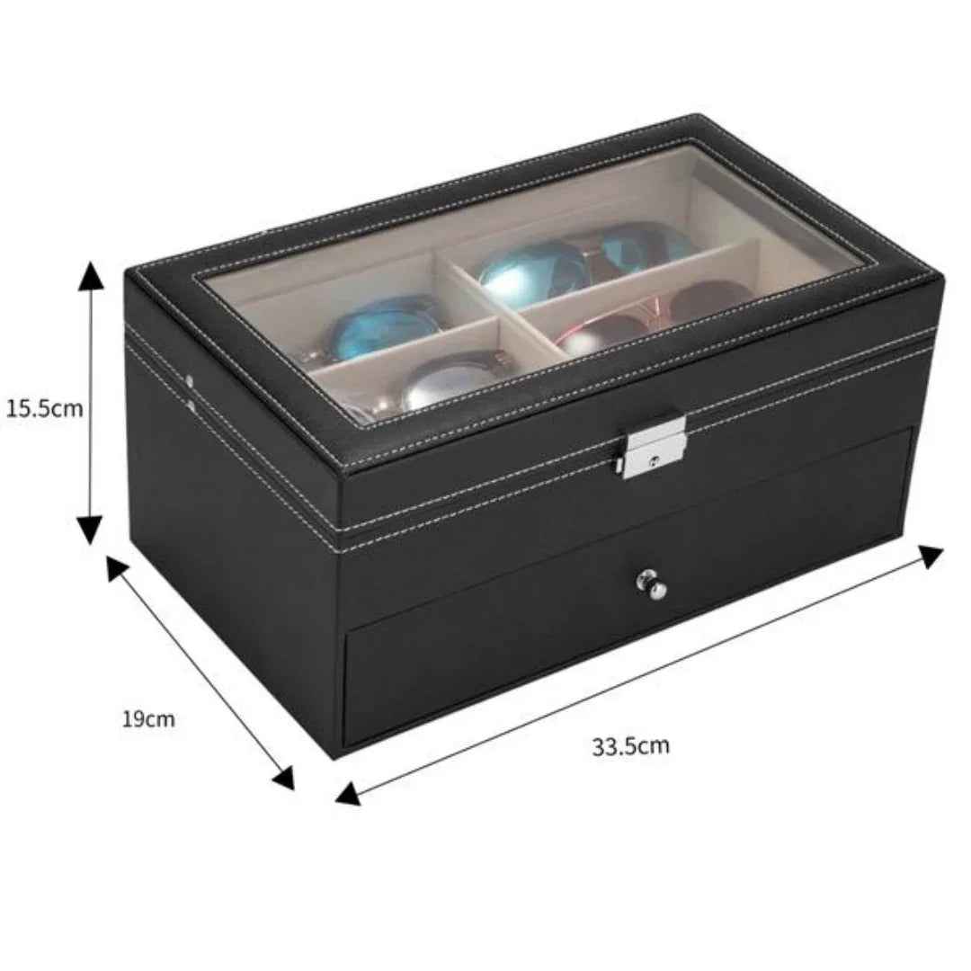 12 Slot Leather Glasses Organizer - Lockable Sunglass Display Case & Storage Drawer, Black