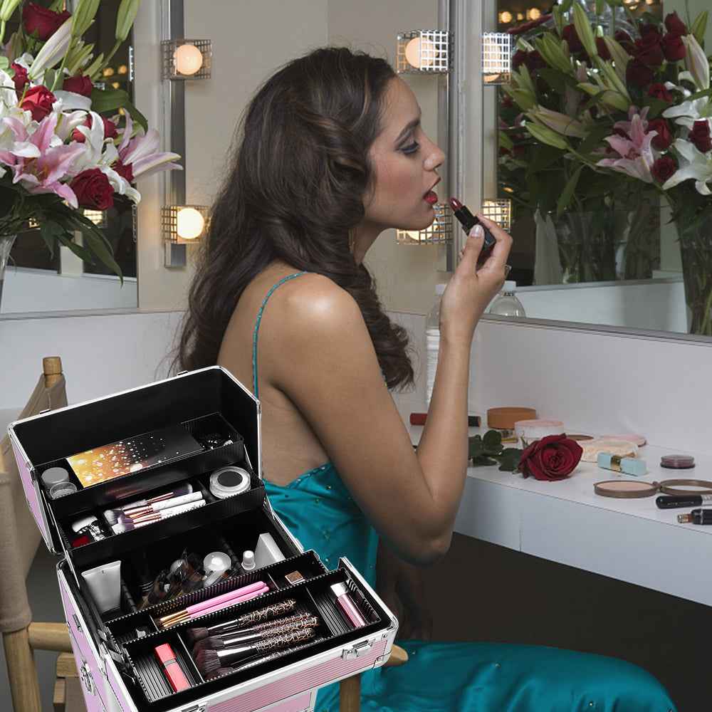 3-in-1 Professional Rolling Makeup Case - Lockable Aluminum Cosmetic Trolley with 4 Removable Spinner Wheels