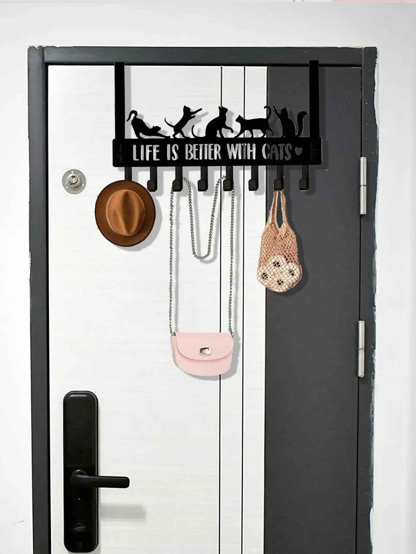 Over-The-Door Cat Organizer – 8 Multi-Purpose Hooks for Coats, Bags & Towels – Space-Saving Wall & Door Mount Storage