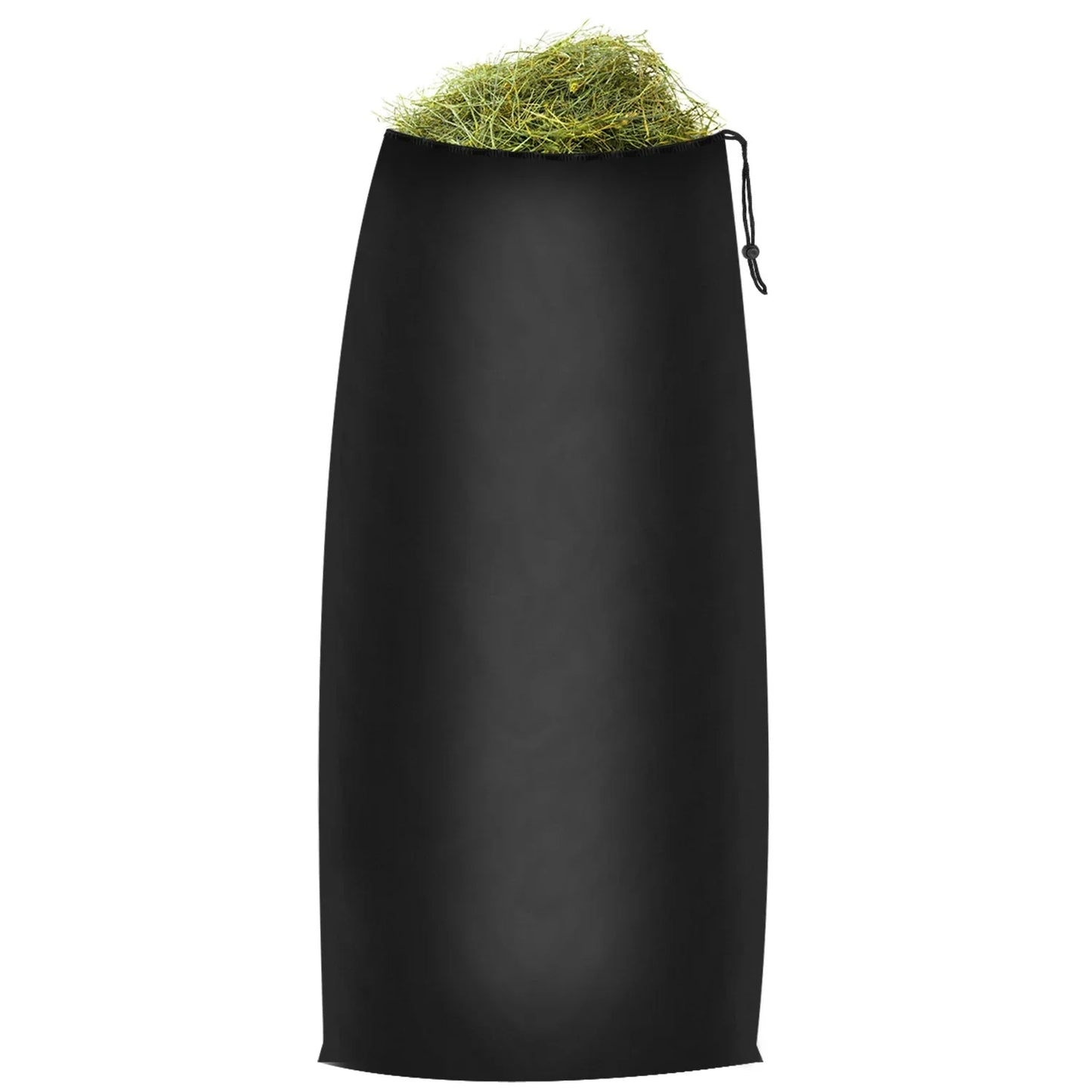 Black drawstring hay bag filled with fresh green hay for horse feeding
