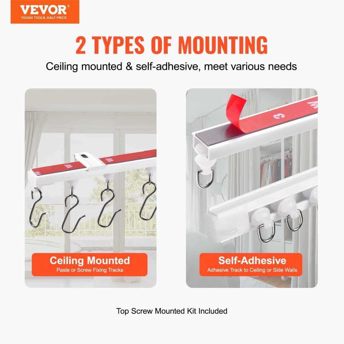 Self-adhesive ceiling track mounting close-up, no drill