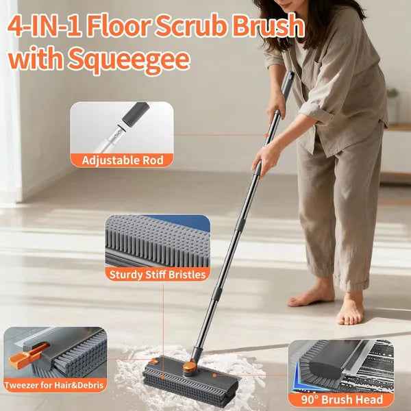 3-in-1 Floor Scrub Brush with Long Adjustable Handle - Heavy-Duty Scrubber, Squeegee & Broom for Shower, Tile, Concrete, Deck, and Patio (Grey)