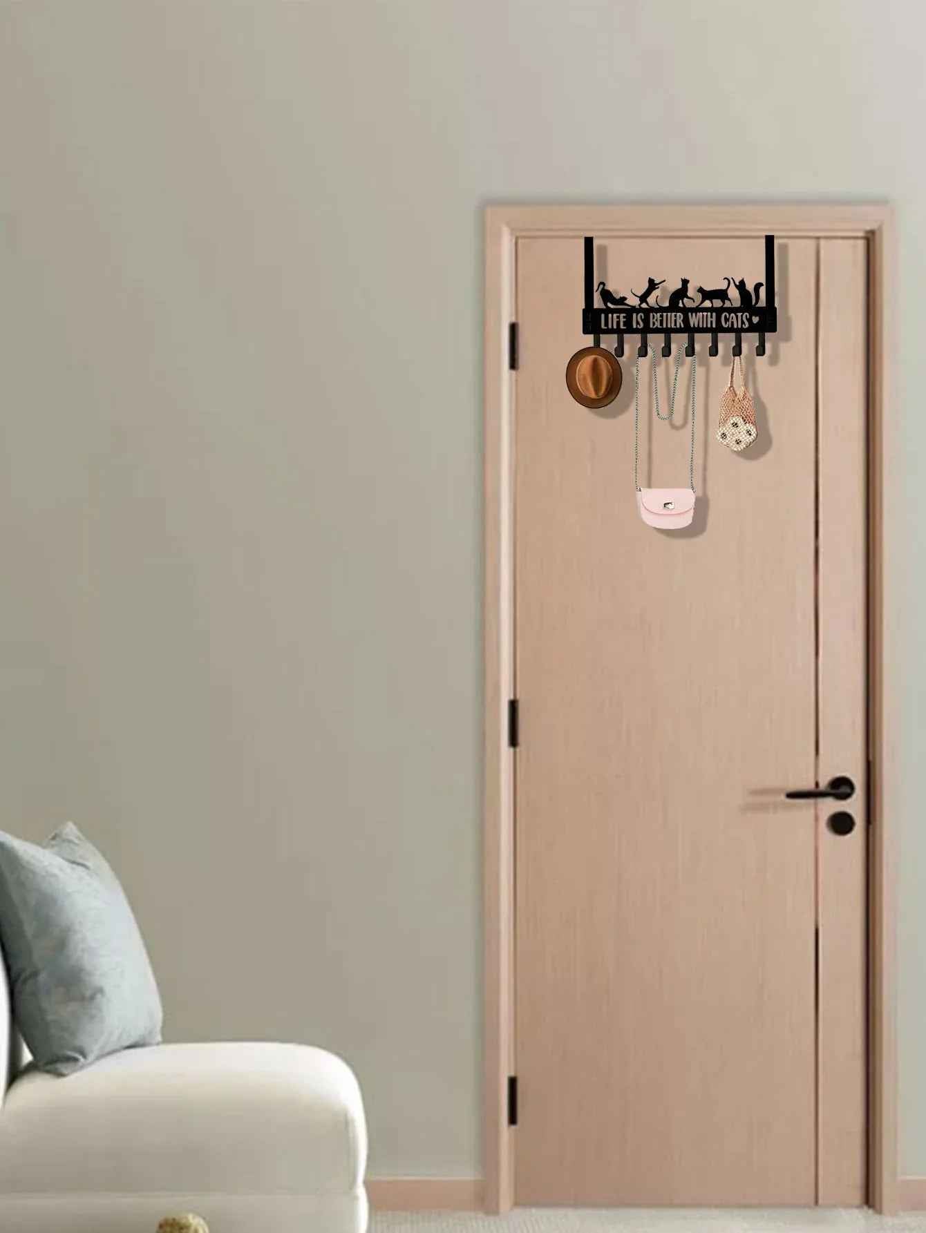 Over-The-Door Cat Organizer – 8 Multi-Purpose Hooks for Coats, Bags & Towels – Space-Saving Wall & Door Mount Storage