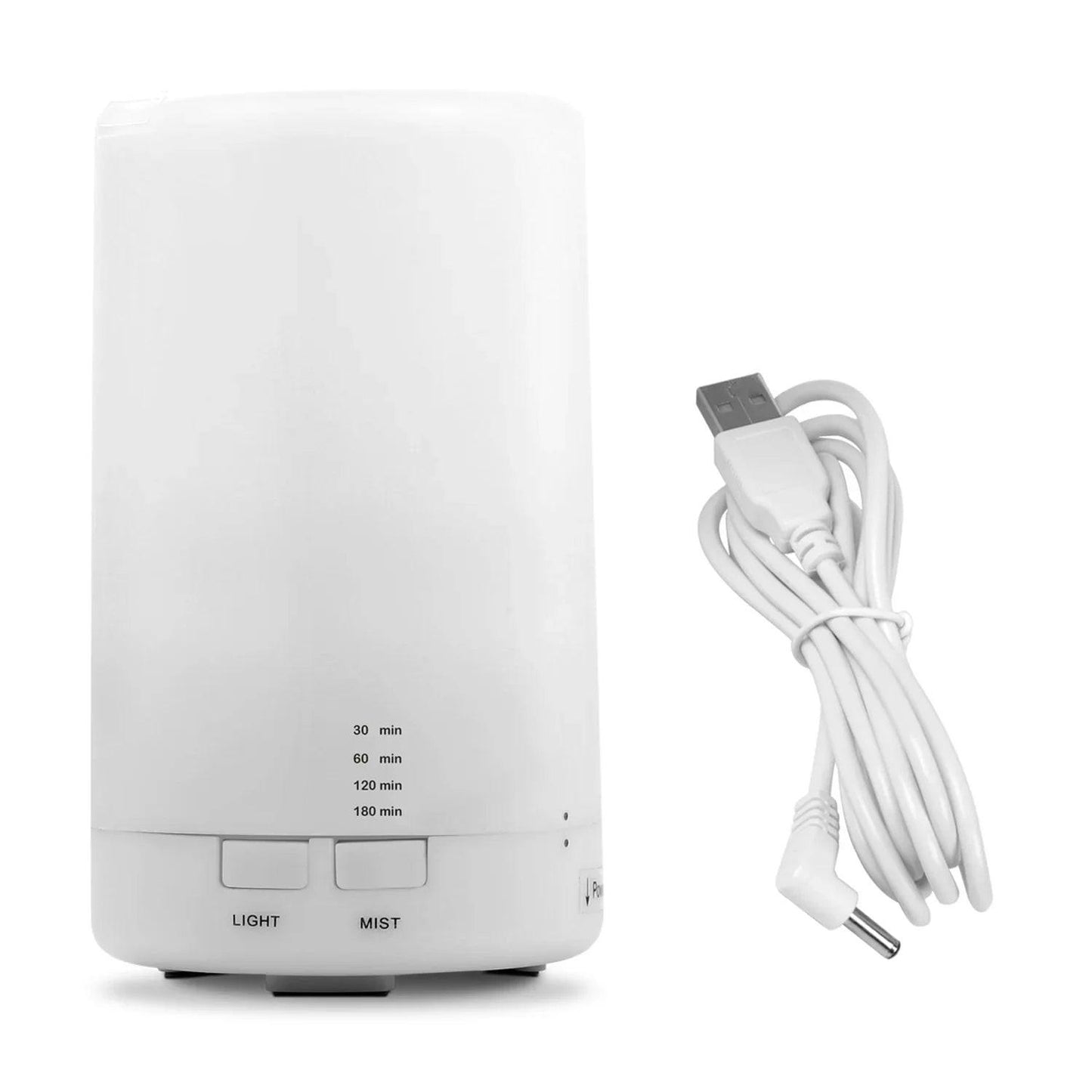 White ultrasonic essential oil diffuser with USB cable, mist and light settings for home aromatherapy