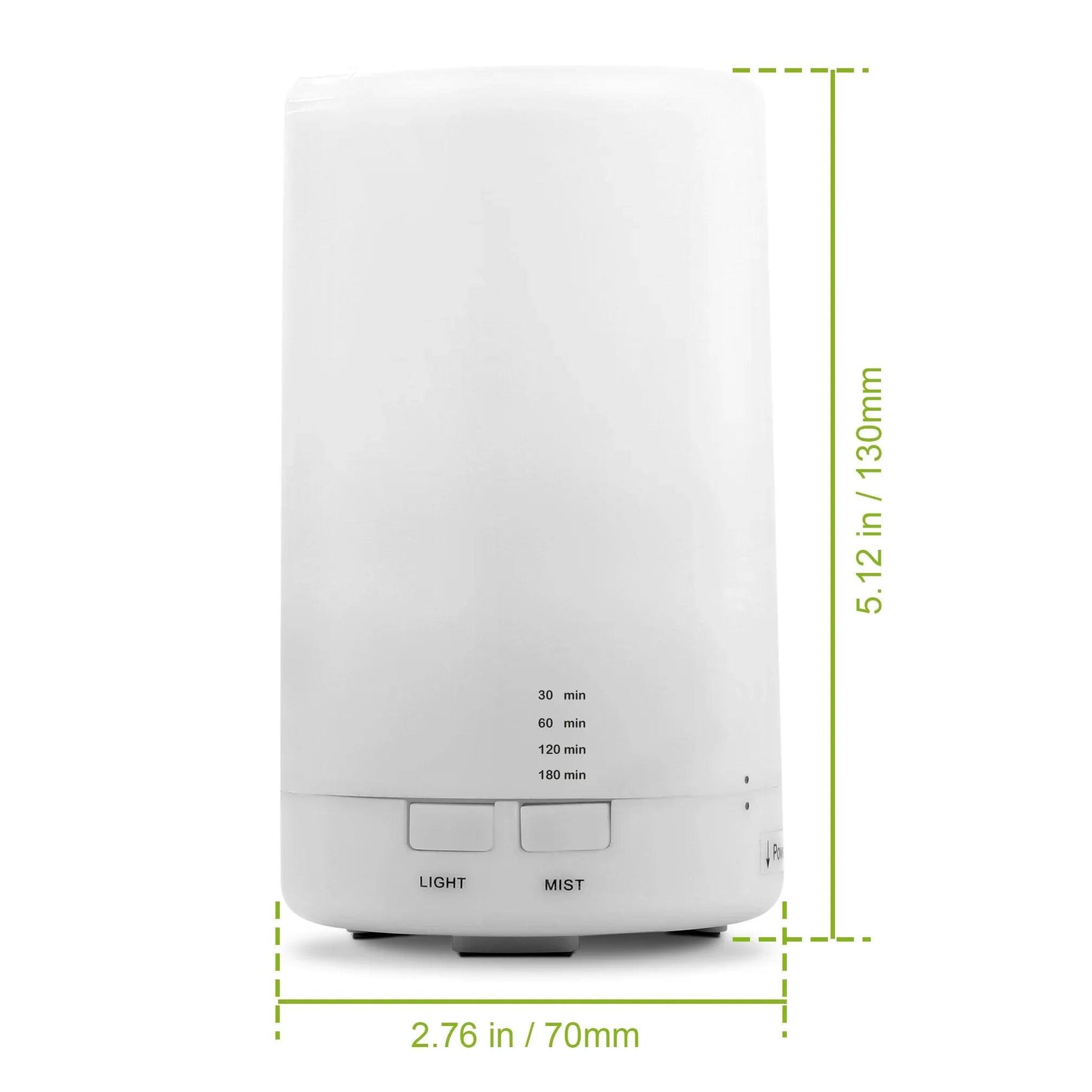 White essential oil diffuser with light and mist settings, compact modern home decor
