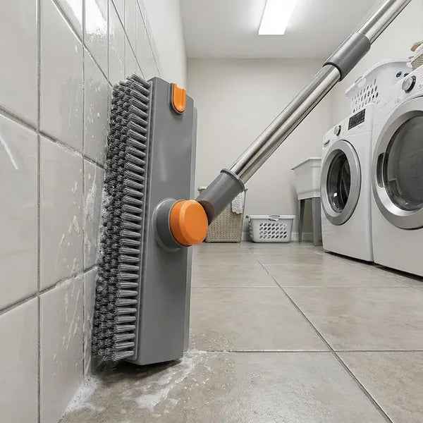3-in-1 Floor Scrub Brush with Long Adjustable Handle - Heavy-Duty Scrubber, Squeegee & Broom for Shower, Tile, Concrete, Deck, and Patio (Grey)