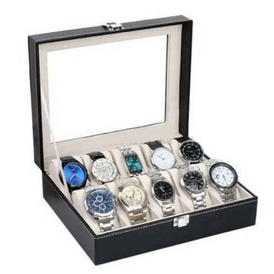 10 Slot Leather Watch Box Organizer - Luxury Display Case with Glass Lid & Locking Clasp