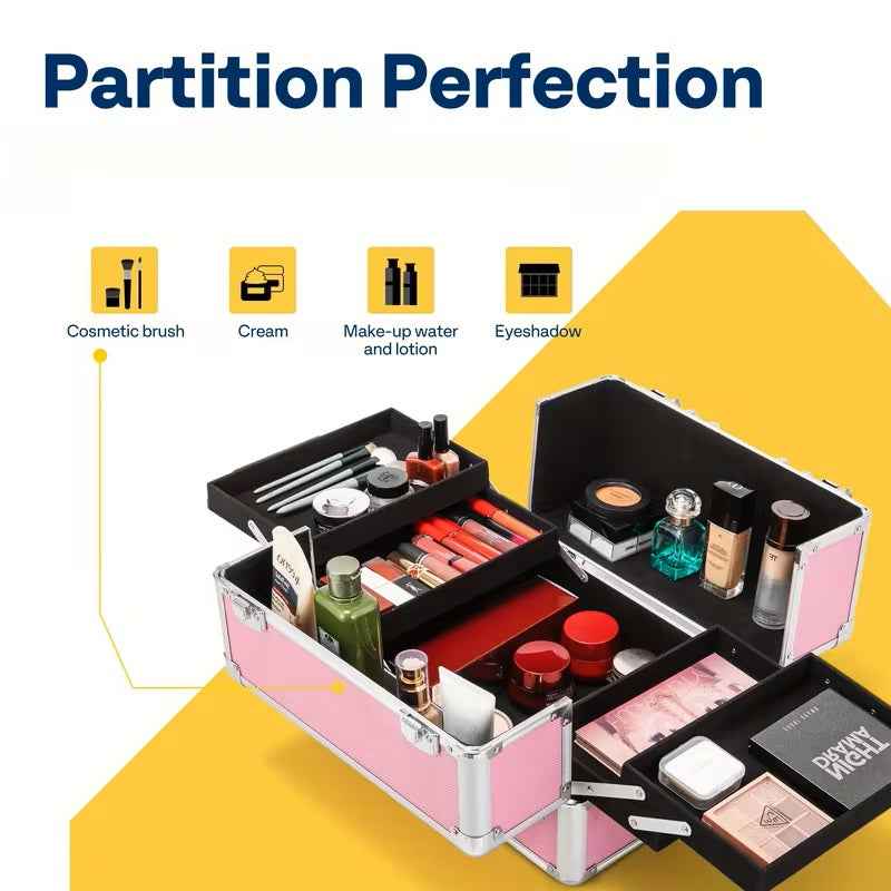 3-in-1 Professional Rolling Makeup Case - Lockable Aluminum Cosmetic Trolley with 4 Removable Spinner Wheels