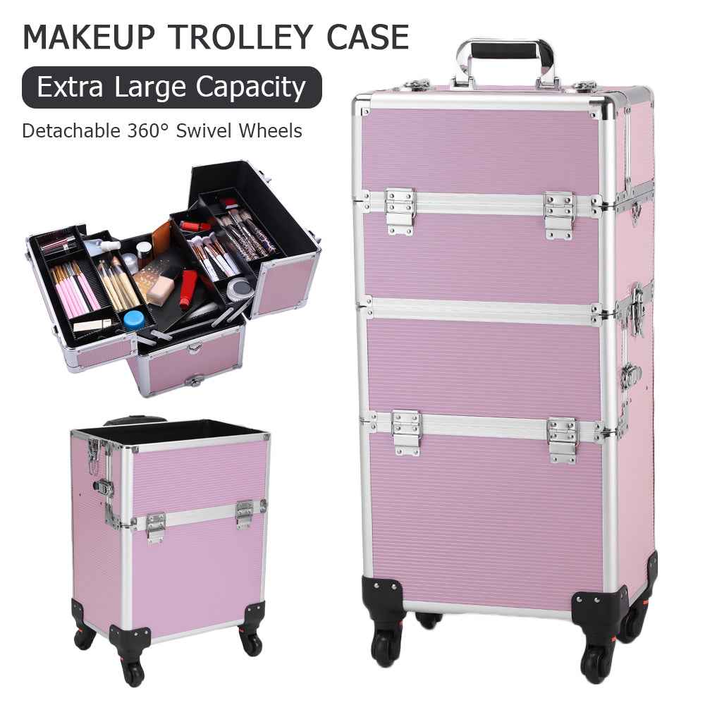 3-in-1 Professional Rolling Makeup Case - Lockable Aluminum Cosmetic Trolley with 4 Removable Spinner Wheels