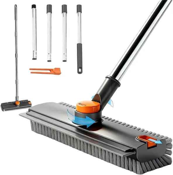 3-in-1 Floor Scrub Brush with Long Adjustable Handle - Heavy-Duty Scrubber, Squeegee & Broom for Shower, Tile, Concrete, Deck, and Patio (Grey)
