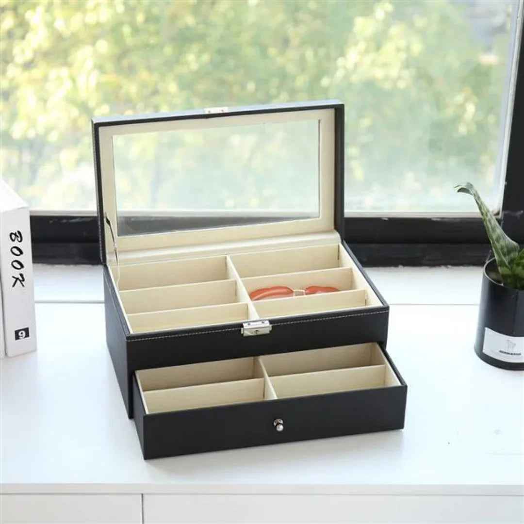 12 Slot Leather Glasses Organizer - Lockable Sunglass Display Case & Storage Drawer, Black