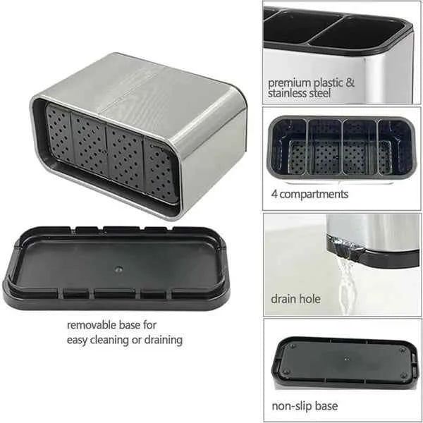 Stainless Steel Cutlery Holder | 4-Compartment Kitchen Utensil Organizer | Easy to Clean