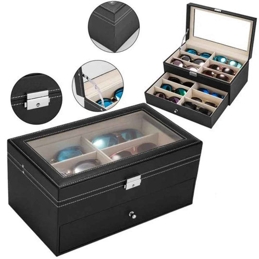 12 Slot Leather Glasses Organizer - Lockable Sunglass Display Case & Storage Drawer, Black