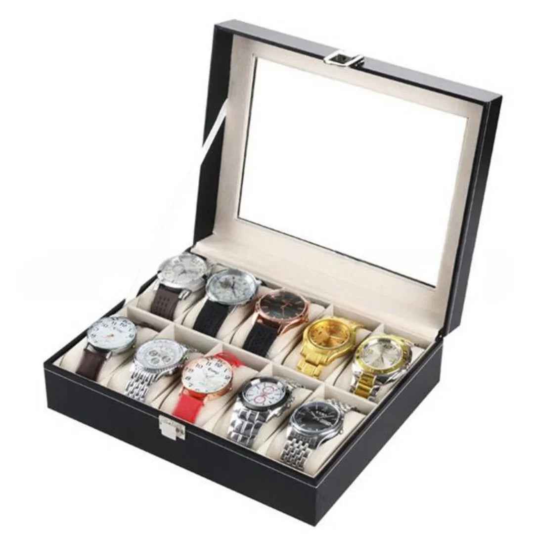 10 Slot Leather Watch Box Organizer - Luxury Display Case with Glass Lid & Locking Clasp