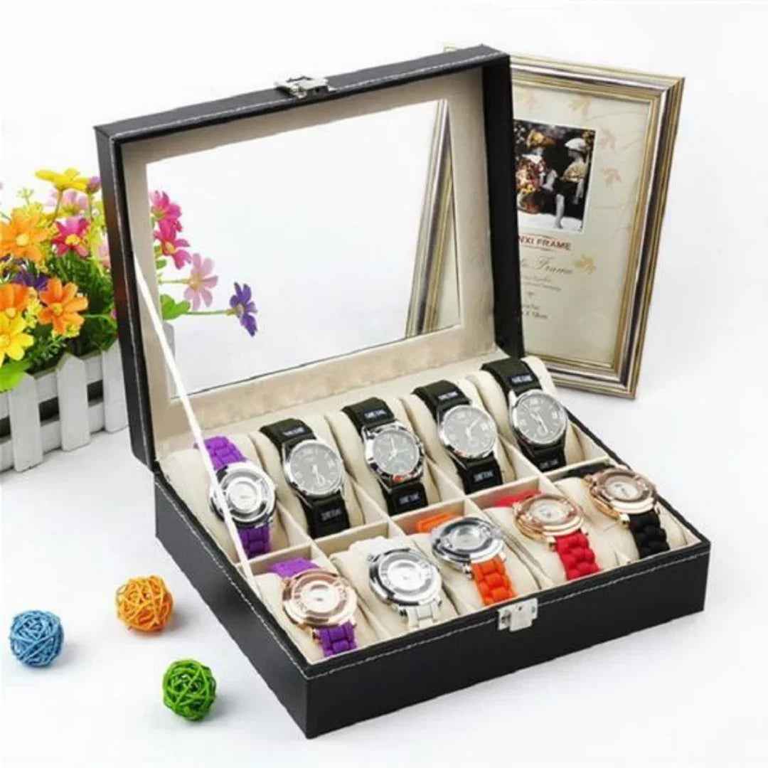 10 Slot Leather Watch Box Organizer - Luxury Display Case with Glass Lid & Locking Clasp