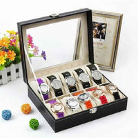 10 Slot Leather Watch Box Organizer - Luxury Display Case with Glass Lid & Locking Clasp
