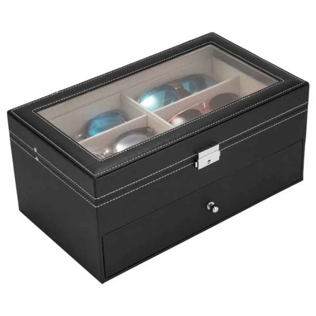 12 Slot Leather Glasses Organizer - Lockable Sunglass Display Case & Storage Drawer, Black